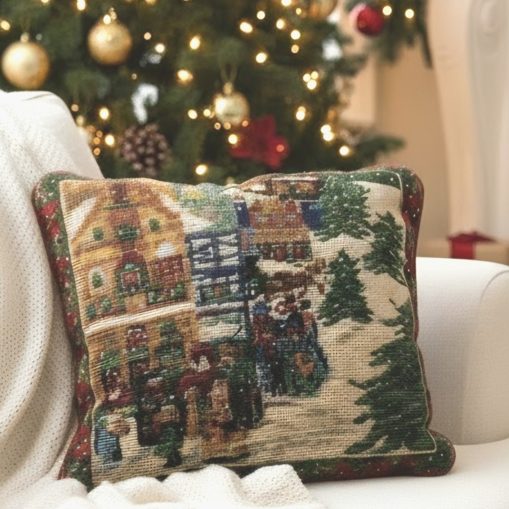 Vintage Christmas Needlepoint Pillow, Winter Village, Red Velvet 12"